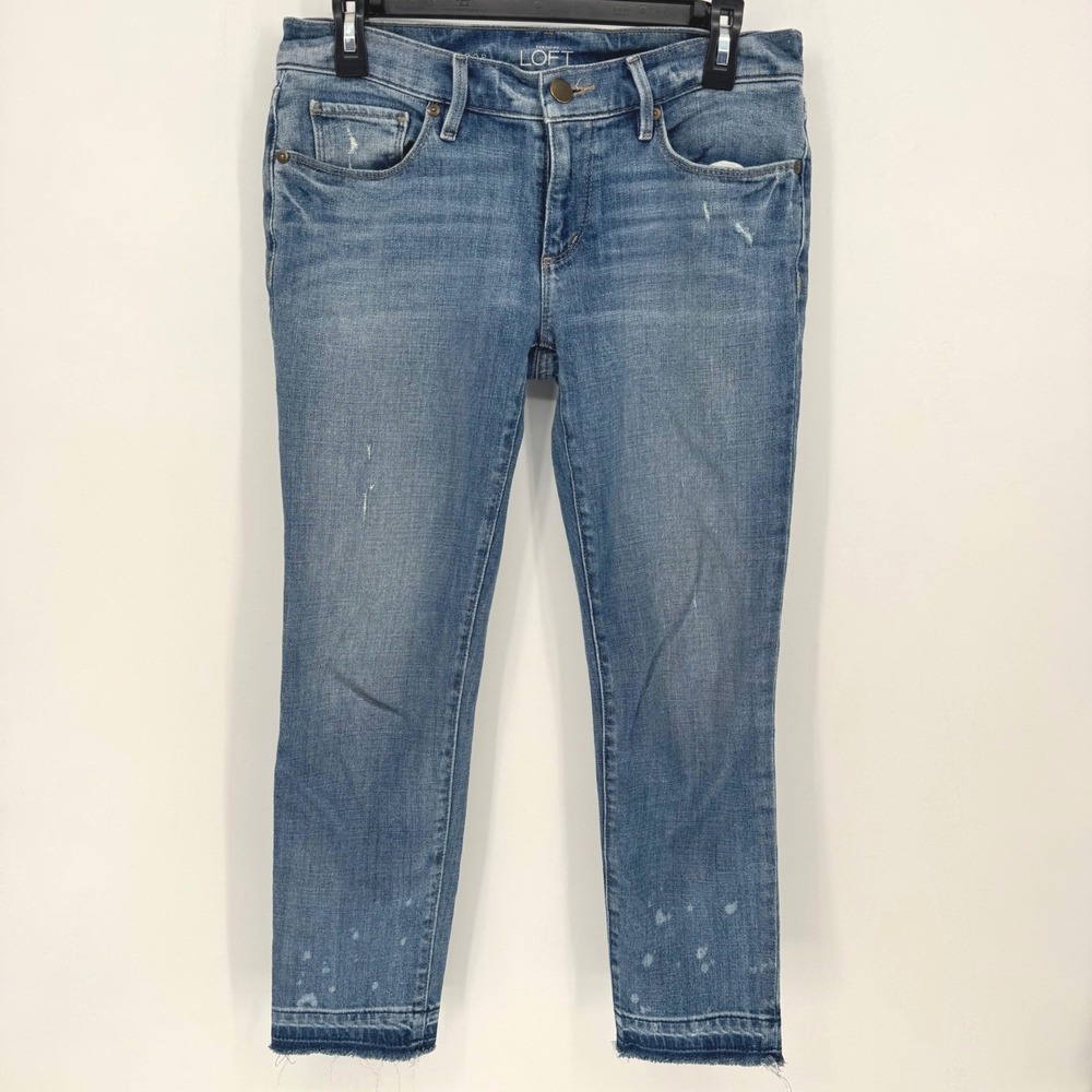 LOFT Relaxed Skinny Crop Jeans Women Blue‎ Denim Distressed Frayed Hem 25